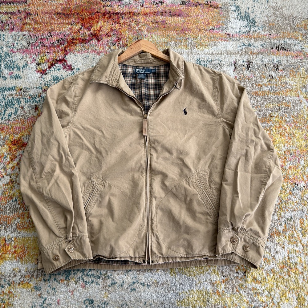 Vintage Polo Ralph Lauren Tan Plaid Lined Harrington Jacket Mens Extra Large